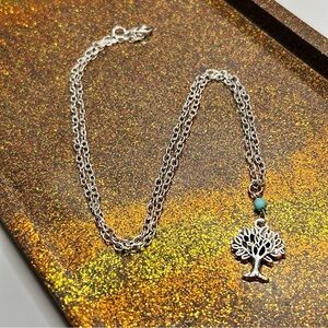 Silver Tone Tree Pendant Necklace With Turquoise Stone Bead Accent